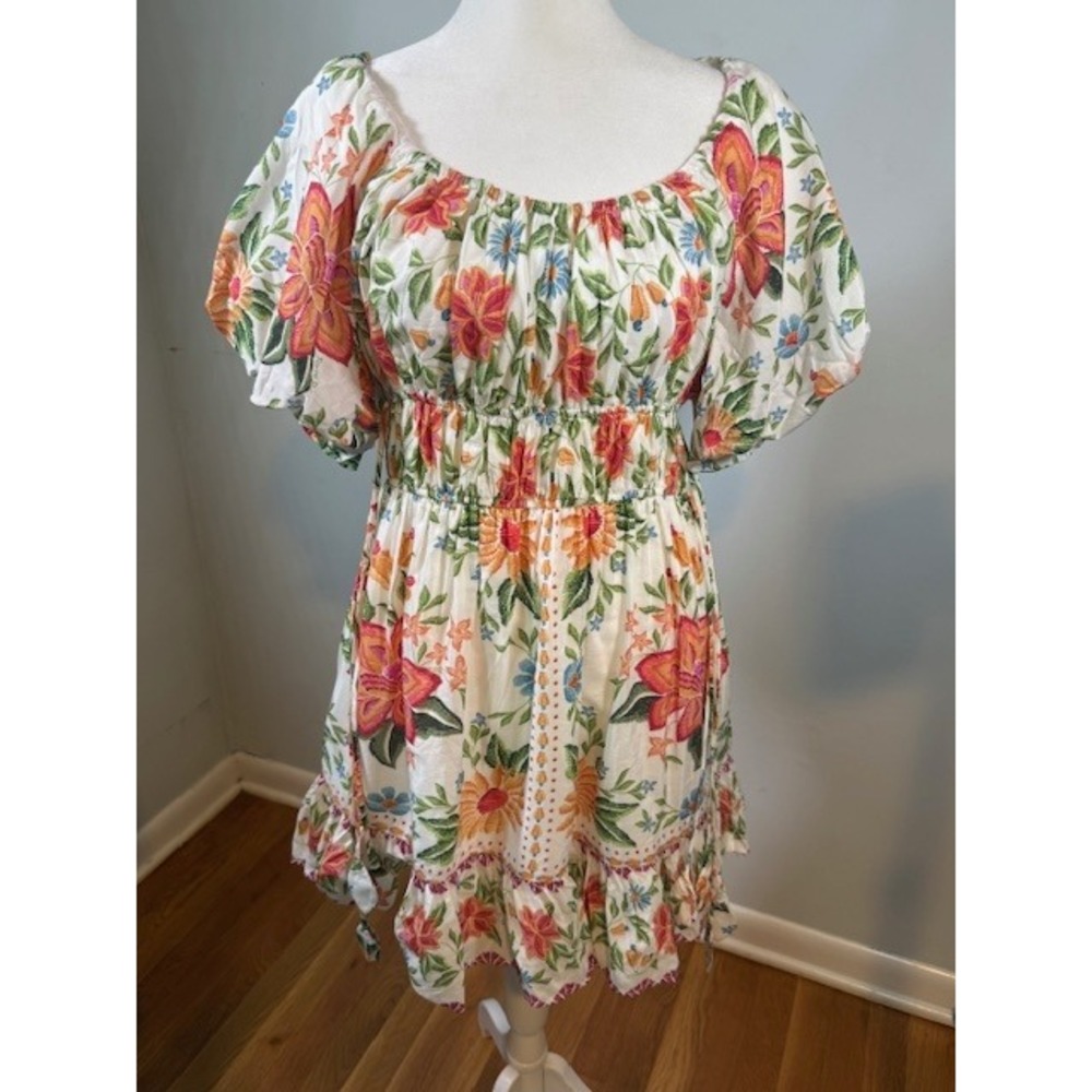 Farm Rio Bloom Garden Mini Dress S Off-White Floral Smocked Puff Sleeve NWT - Picture 2 of 11